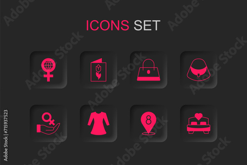 Set Woman dress, Greeting card with 8 March, International Women Day, Handbag, Bedroom, and Female gender symbol icon. Vector