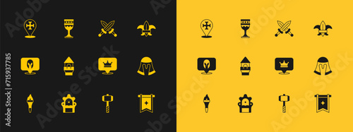 Set Fleur de lys or lily flower, Medieval throne, King crown, Battle hammer, Castle tower, Crossed medieval sword, Crusade and goblet icon. Vector