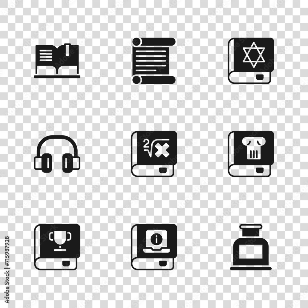 Set User manual, History book, Inkwell, Book with mathematics, Jewish torah, Open, Decree, parchment, scroll and Headphones icon. Vector Set User manual, History book, Inkwell, Book with mathematics, Jewish torah, Open, Decree, parchment, scroll and Headphones icon. Vector