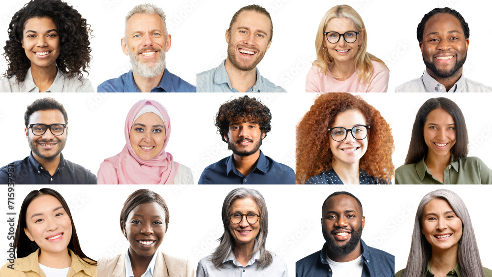 Collage of diverse and cheerful faces, each portraying a unique expression, set against a white background to symbolize unity in diversity and the beauty of a multicultural society Collage of diverse and cheerful faces, each portraying a unique expression, set against a white background to symbolize unity in diversity and the beauty of a multicultural society