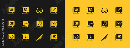 Set Book about weapon, Holy bible book, Audio, Pen, Daily paper notepad, Glasses, with mathematics and User manual icon. Vector