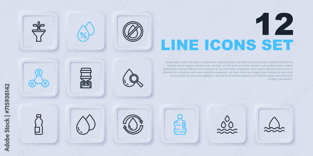Set line Water drop, cooler, Big bottle with clean water, Chemical formula H2O, percentage and Recycle aqua icon. Vector Set line Water drop, cooler, Big bottle with clean water, Chemical formula H2O, percentage and Recycle aqua icon. Vector