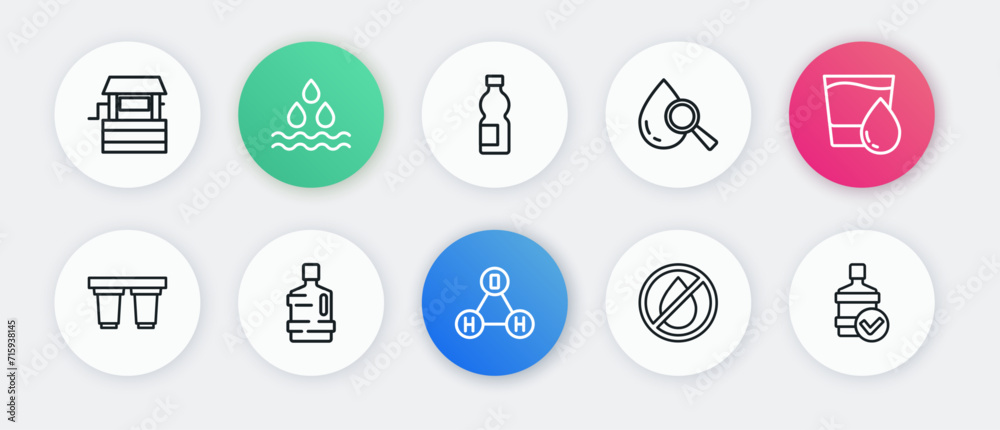 Set line Chemical formula water H2O, Glass with, Water filter cartridge, drop forbidden, Drop and magnifying glass, Bottle of, Big bottle clean and icon. Vector Set line Chemical formula water H2O, Glass with, Water filter cartridge, drop forbidden, Drop and magnifying glass, Bottle of, Big bottle clean and icon. Vector