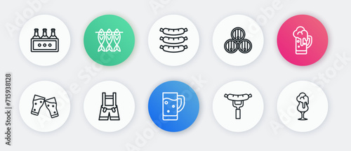 Set line Glass of beer, Sausage on the fork, Wooden barrel, and Lederhosen icon. Vector