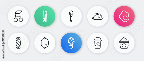 Set line Fly agaric mushroom, Scrambled egg, Candy, Coffee cup to go, Taco with tortilla, Spoon, Popcorn in cardboard box and Lemon icon. Vector photo