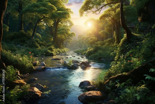 Mesmerizing River Winding Through a Verdant Forest at Dawn.