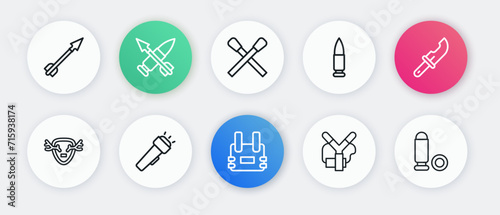 Set line Bulletproof vest, Hunter knife, Deer antlers on shield, Slingshot, Burning match with fire, and Flashlight icon. Vector