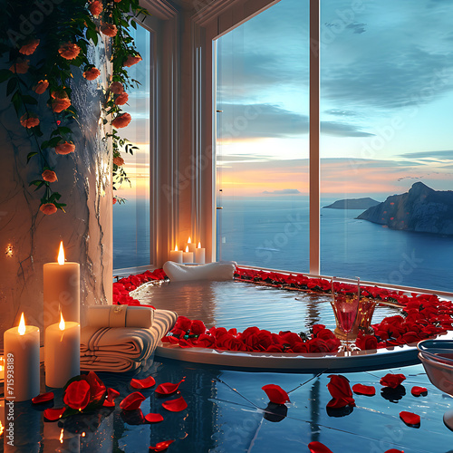 Romantische Szene mit Rosenblättern und einem liebevoll dekorierten Bad mit Meerblick bei Sonnenuntergang photo