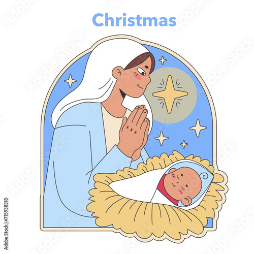 Christmas nativity scene. Mary adoring the newborn Jesus under the star of Bethlehem, capturing the essence of Christian joy and celebration. Flat vector illustration