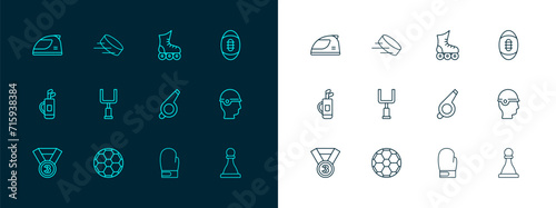 Set line American Football ball, Soccer football, Whistle, Boxing glove, goal post, Roller skate, Racing helmet and Hockey puck icon. Vector