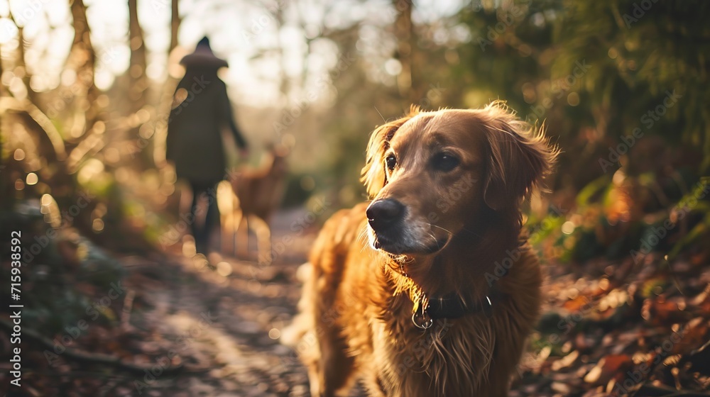 A cute golden retriever walking with his owner along forest path in beautiful autumn day. Human and pet spend their time together. Dog is man's best friend.