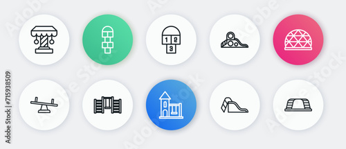 Set line Swing for kids, Playground climbing equipment, Seesaw, Slide playground, Hopscotch, Monkey bar and Swedish wall icon. Vector