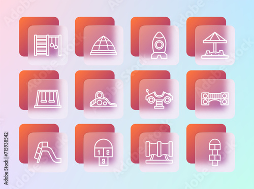 Set line Sandbox with sand, Hopscotch, Swing car, Kid playground slide pipe, Slide, Rocket ship toy, Swedish wall and Playground climbing equipment icon. Vector