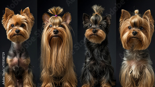 A series of images capturing the step-by-step process of a Yorkie's grooming journey, from the initial fluffiness to the final, meticulously styled haircut. The visual narrative un © Наталья Евтехова