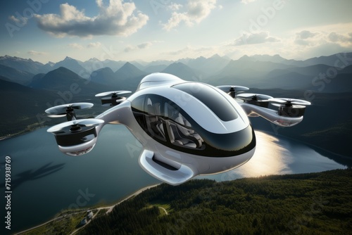 Fotografia A futuristic white elliptical urban passenger drone flying over a picturesque lake, forest and mountains
