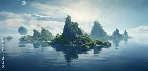 Surreal archipelago of levitating islands, featuring hyper-realistic ecosystems suspended in mid-air against the backdrop of a cosmic sky. Ethereal.