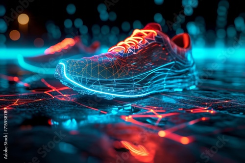 Holographic projection of sports sneakers with neon lighting on navy blue background. Flickering flux of particle energy. Scientific design and engineering of sports shoes.