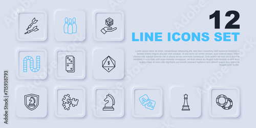 Set line Chess, Casino chips, Domino, Bingo, Board game, Puzzle pieces toy, Bowling pin and icon. Vector