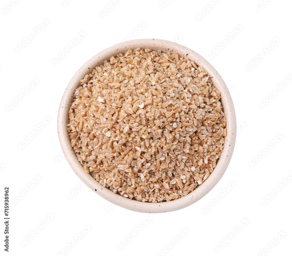 Dry wheat groats in bowl isolated on white, top view Dry wheat groats in bowl isolated on white, top view