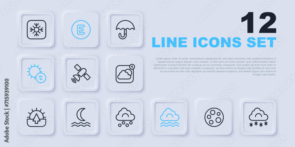 Set line Moon, Cloud with snow, Satellite, Fog and cloud, Sun, Night fog or smoke, Compass west and Hail icon. Vector Set line Moon, Cloud with snow, Satellite, Fog and cloud, Sun, Night fog or smoke, Compass west and Hail icon. Vector