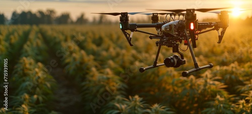 Drone flying over a large outdoor hemp field, equipped with advanced sensors and cameras, providing real-time data to farmers for better crop management and monitoring of legally cultivated hemp. photo
