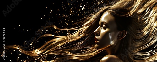 Close-up portrait of beautiful young woman with her skin and hair dyed gold. Seductive female model with long flowing hair and magical golden glow. Isolated on black background. photo