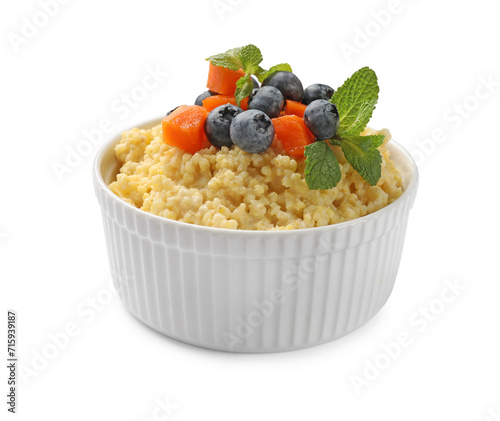 Konstfotografi Tasty millet porridge with blueberries, pumpkin and mint in bowl isolated on whi
