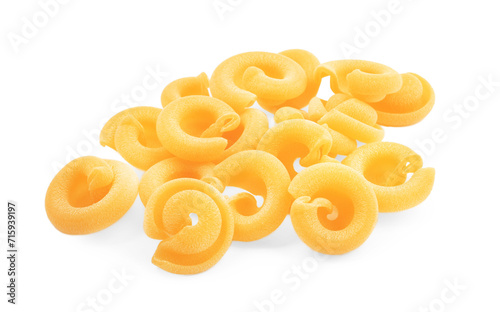 Pile of raw dischi volanti pasta isolated on white