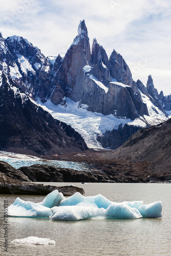 Ice pieces floating in laguna Torre, infront of cerro Torre, in Chaltén national park, Argentina photo