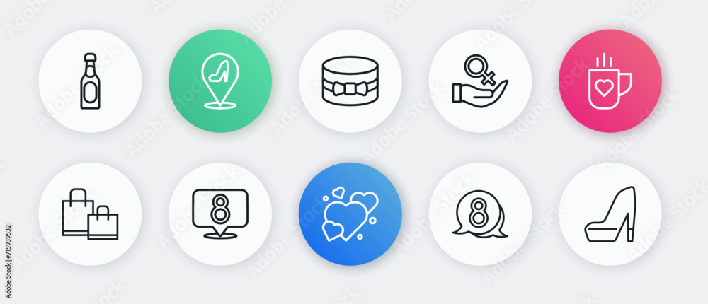 Set line Heart, Coffee cup and heart, Paper shopping bag, 8 March speech bubble, Female gender symbol, Gift box, Woman shoe and icon. Vector