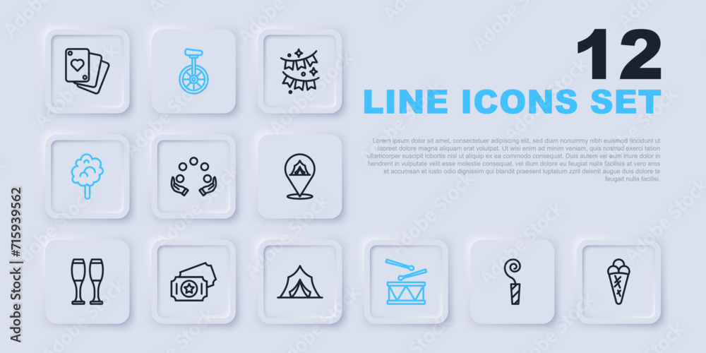 Set line Birthday party horn, Ice cream in waffle, Juggling ball, Drum with drum sticks, Cotton candy, Circus ticket, Unicycle and tent icon. Vector Set line Birthday party horn, Ice cream in waffle, Juggling ball, Drum with drum sticks, Cotton candy, Circus ticket, Unicycle and tent icon. Vector