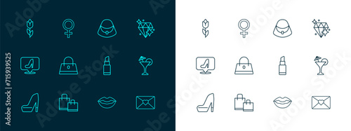 Set line Diamond, Paper shopping bag, Lipstick, Smiling lips, Handbag, Flower tulip and Female gender symbol icon. Vector