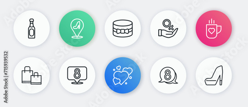 Set line Heart, Coffee cup and heart, Paper shopping bag, 8 March speech bubble, Female gender symbol, Gift box, Woman shoe and icon. Vector