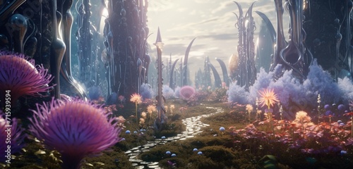 Fototapeta Surreal cosmic garden with towering crystal spires releasing hyper-realistic glowing pollen, creating a surreal dance of light in the air