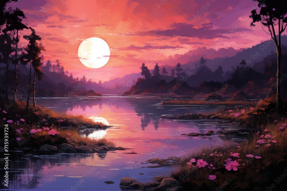 Fototapeta premium Serene twilight lakes - Generative AI