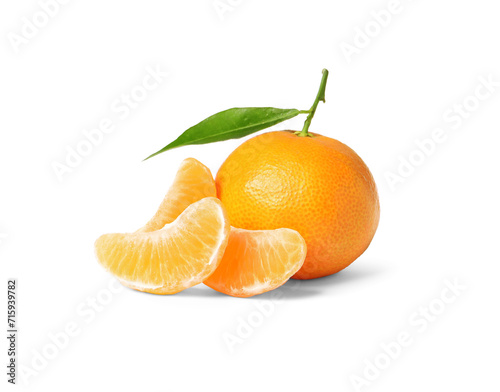 Fresh ripe juicy tangerines with green leaf isolated on white