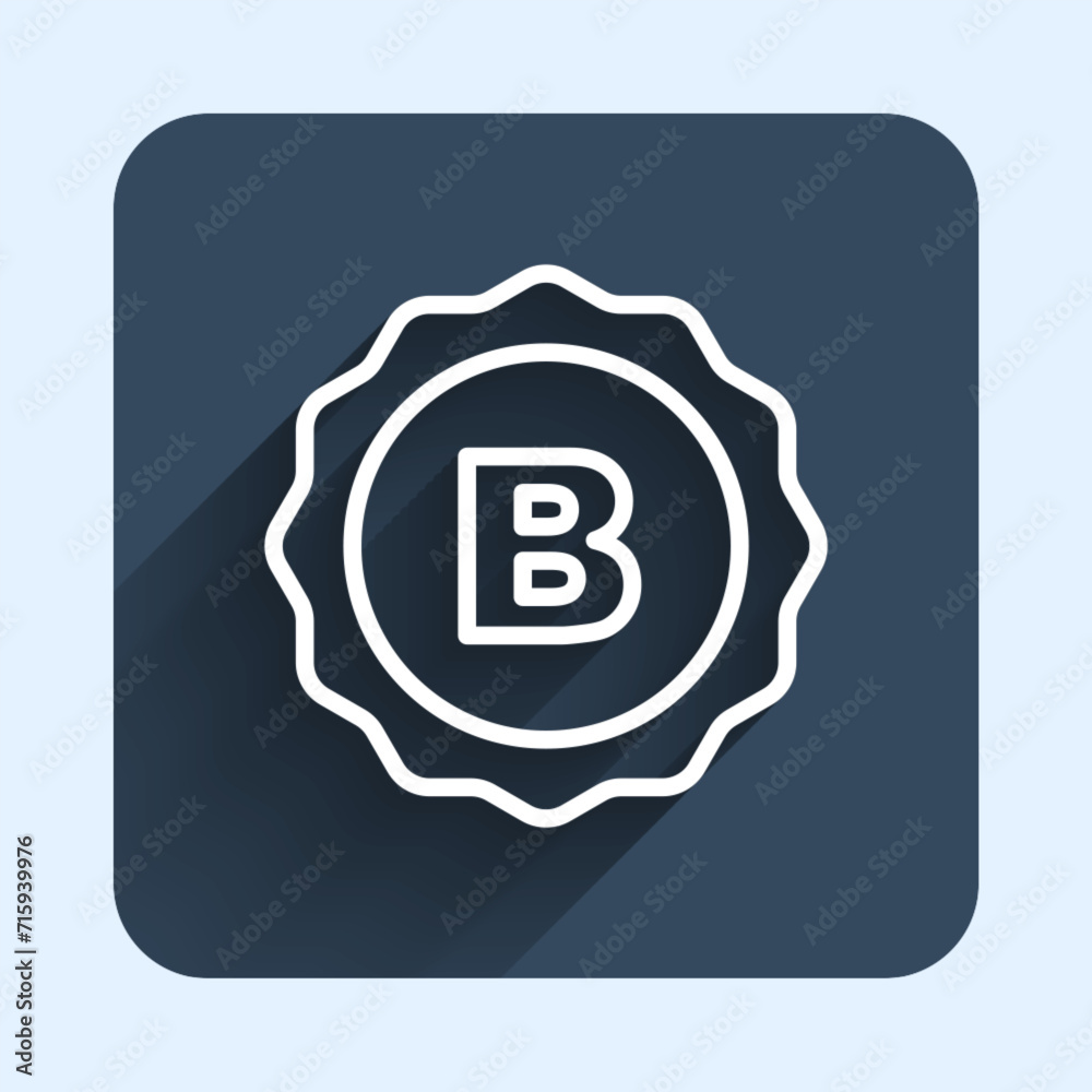 White line Bottle cap with inscription beer icon isolated with long shadow background. Blue square button. Vector White line Bottle cap with inscription beer icon isolated with long shadow background. Blue square button. Vector