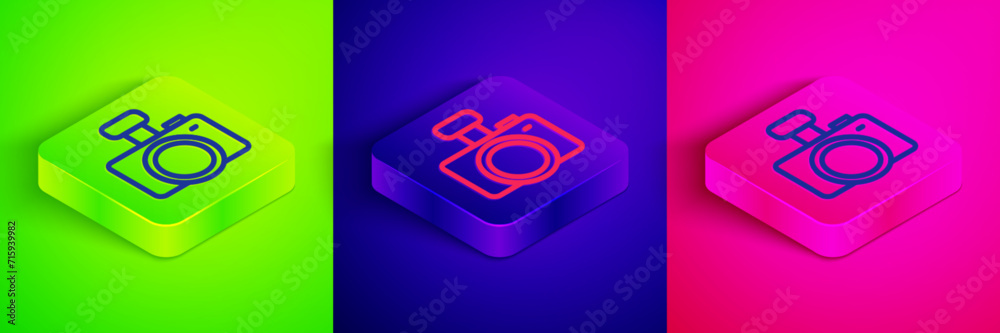 Isometric line Photo camera icon isolated on green, blue and pink background. Foto camera. Digital photography. Square button. Vector Isometric line Photo camera icon isolated on green, blue and pink background. Foto camera. Digital photography. Square button. Vector