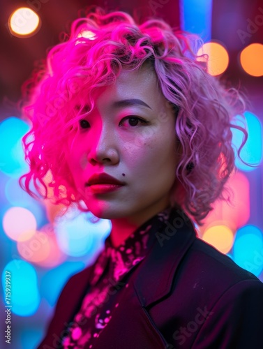 Adult Chinese Woman with Pink Curly Hair vintage photo. Portrait of a person in 1980s aesthetics. Punk fashion. Historic photo Ai Generated Photorealistic Vertical Image.