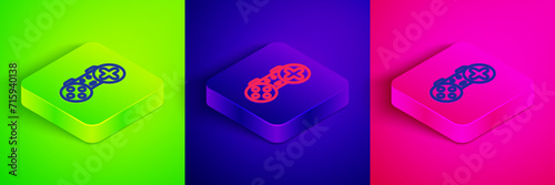 Isometric line Gamepad icon isolated on green, blue and pink background. Game controller. Square button. Vector