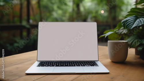 Laptop with blank screen on table 