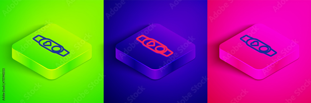 Isometric line Smart watch showing heart beat rate icon isolated on green, blue and pink background. Fitness App concept. Square button. Vector Isometric line Smart watch showing heart beat rate icon isolated on green, blue and pink background. Fitness App concept. Square button. Vector