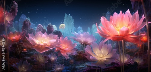 Surreal field of gigantic, translucent flowers, each petal exquisitely detailed and capturing the radiance of an undiscovered cosmic event. Bloom.