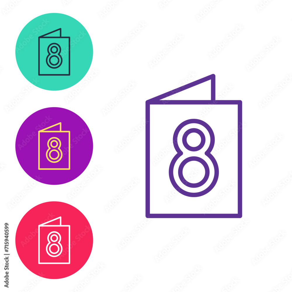 Set line Greeting card with 8 March icon isolated on white background. International Happy Women Day. Set icons colorful. Vector Set line Greeting card with 8 March icon isolated on white background. International Happy Women Day. Set icons colorful. Vector