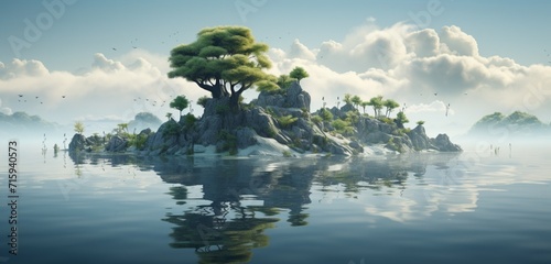Surreal floating islands in a serene lake, each hosting a hyper-realistic miniature ecosystem, where every detail is meticulously portrayed. Serenity. © Riffat