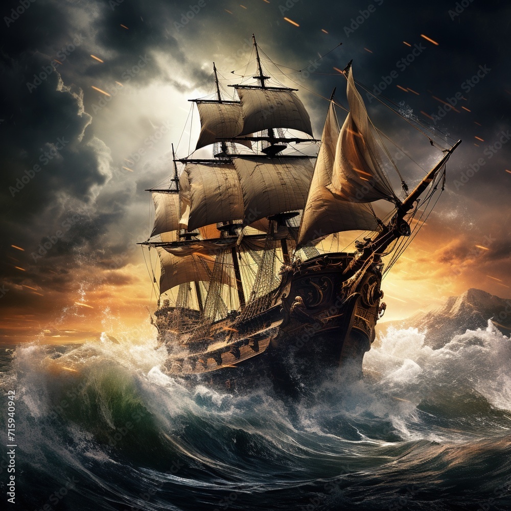 Naklejka premium a ship in the ocean during the storm created with Generative AI