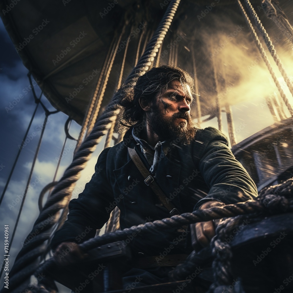Obraz premium a young man with a pirate beard in a dark clothes is standing with a sailing boat created with Generative AI