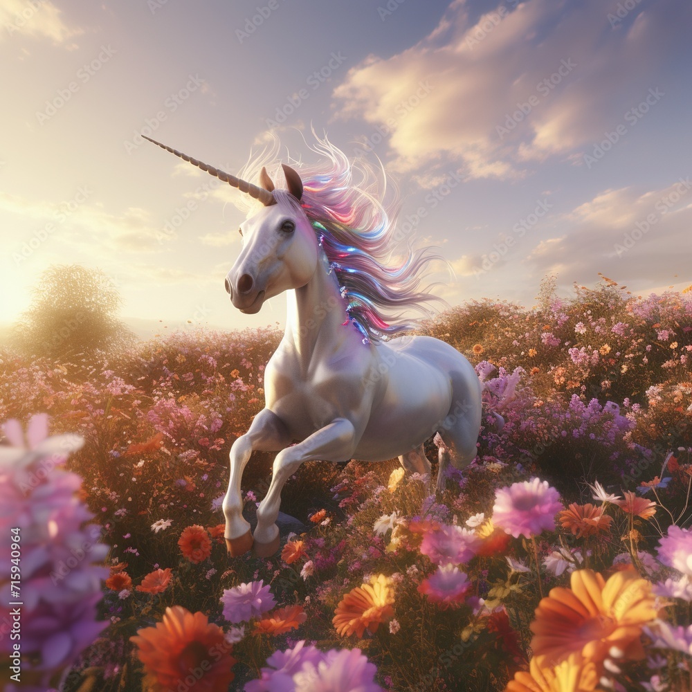 illustration of unicorn with flowers in the field created with Generative AI illustration of unicorn with flowers in the field created with Generative AI