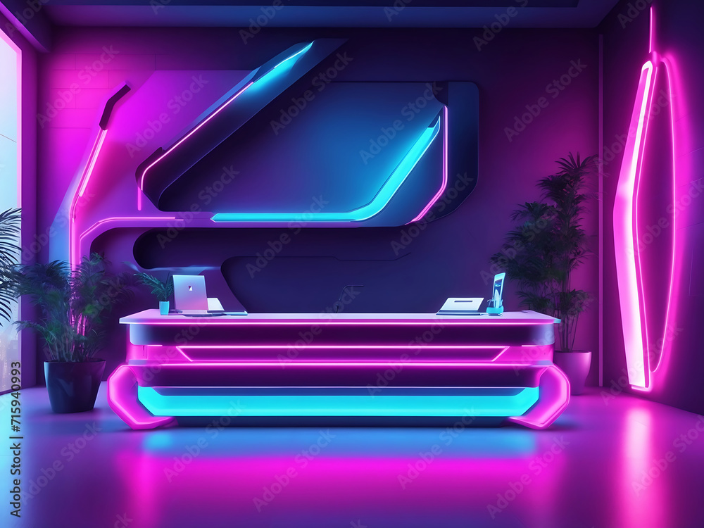 neon cyber futuristic themed lighting reception area as mockup wide banner with copy space design. neon cyber futuristic themed lighting reception area as mockup wide banner with copy space design.