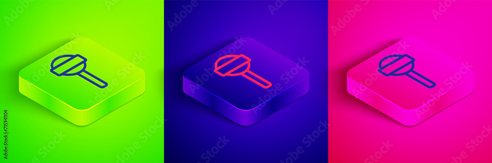 Isometric line Lollipop icon isolated on green, blue and pink background. Food, delicious symbol. Square button. Vector Isometric line Lollipop icon isolated on green, blue and pink background. Food, delicious symbol. Square button. Vector